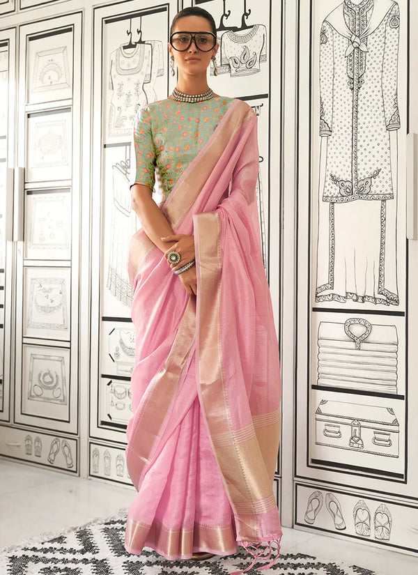 Baby Pink Casual Wear Weaving Saree