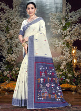 Blue Cotton Festival Wear Printed Saree