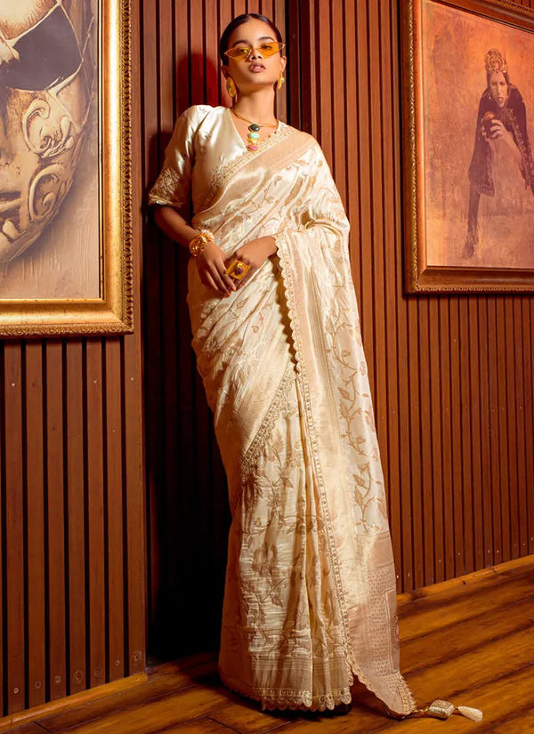 Cream Wedding Wear Weaving Saree