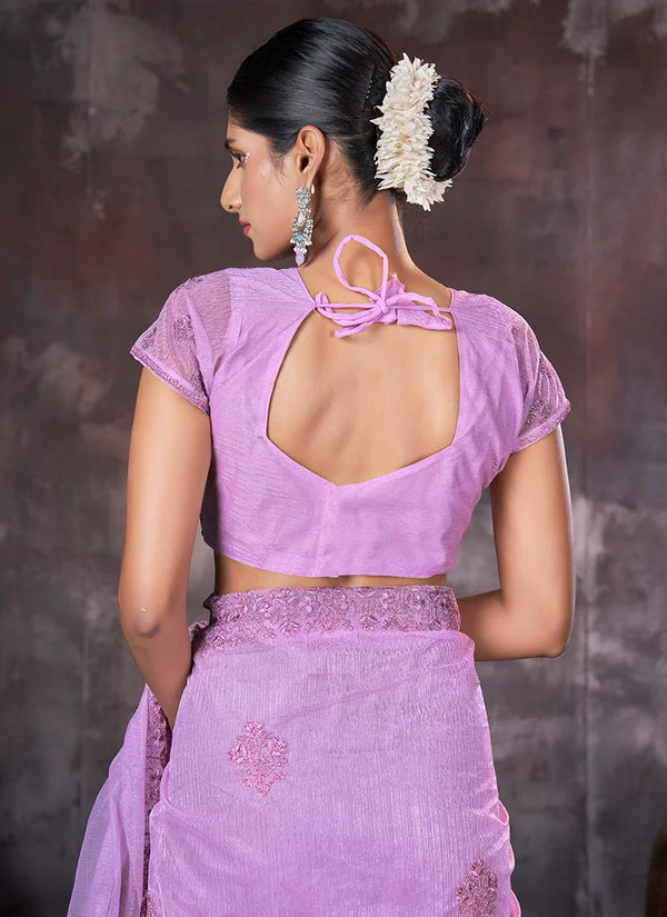 Lavender Organza Wedding Wear Embroidery Work Saree