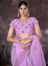 Lavender Organza Wedding Wear Embroidery Work Saree