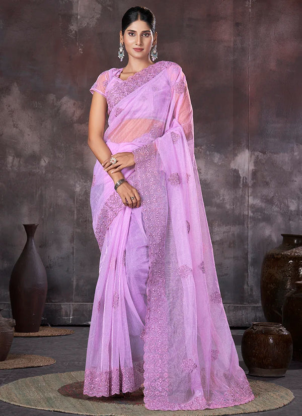 Lavender Organza Wedding Wear Embroidery Work Saree