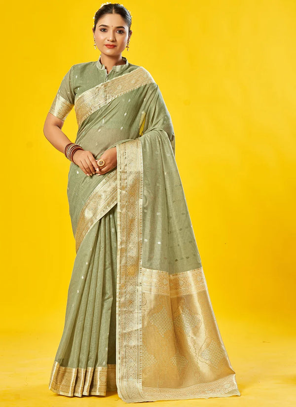 Light Green Cotton Casual Wear Weaving Saree