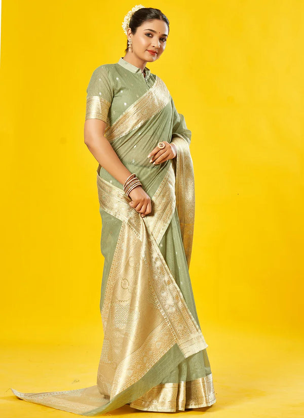 Light Green Cotton Casual Wear Weaving Saree