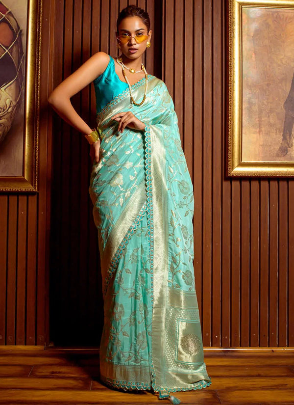 Sky Blue Wedding Wear Silk Saree with Intricate Weaving