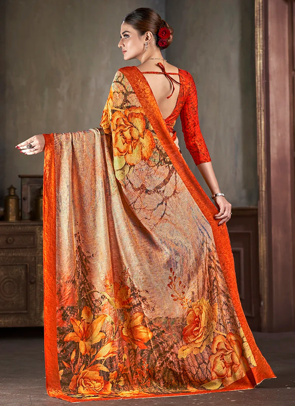 Orange Natural Silk Casual Printed Saree